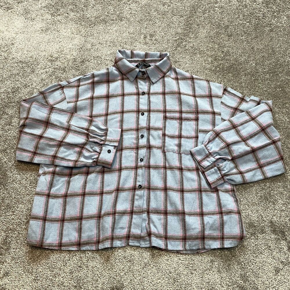 Simple Plus Button Up Shirt womens 3XL Blue Plaid Collared Polyester Long Sleeve